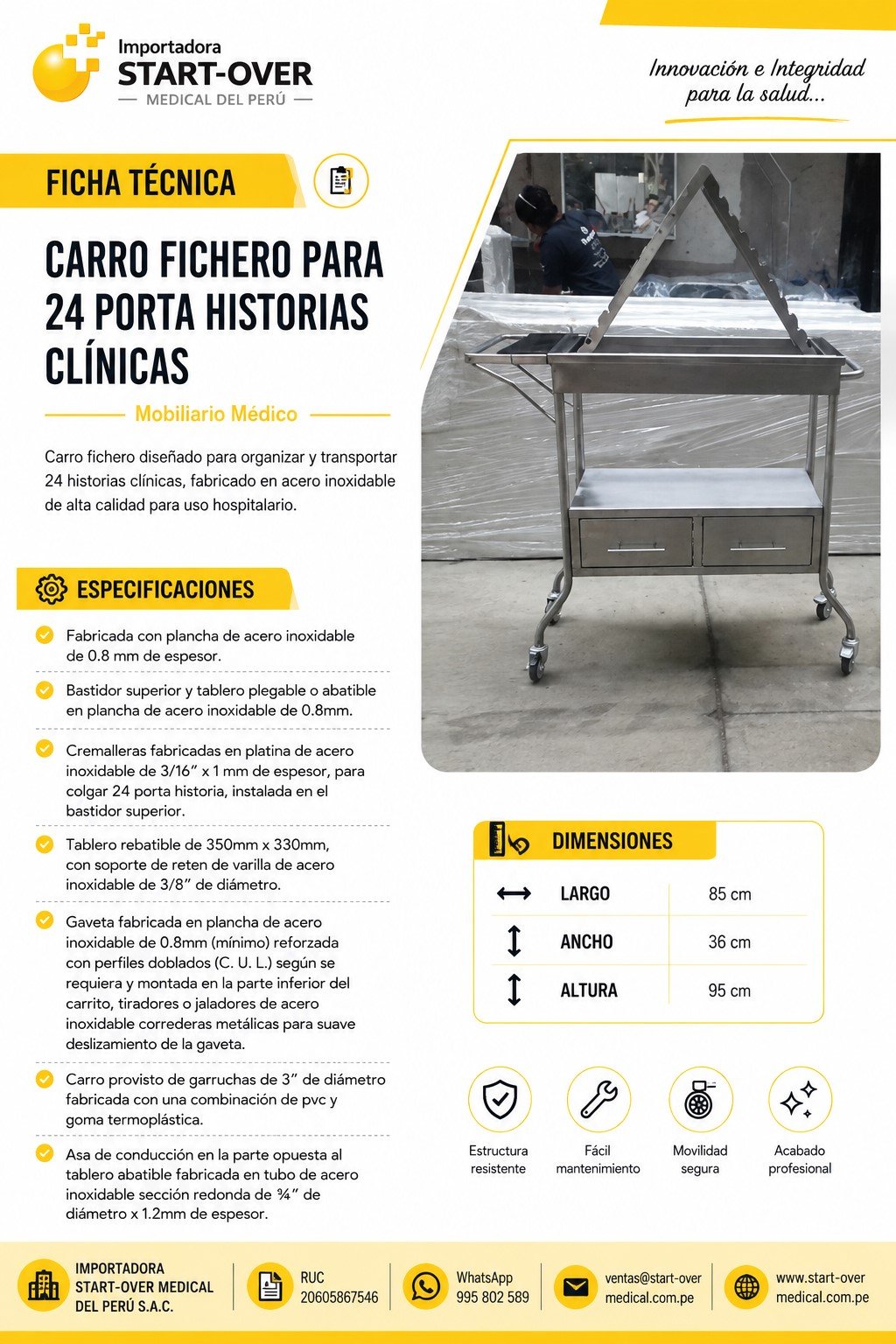 Carro Fichero para 24 Porta Historias Clínicas de Acero Inoxidable