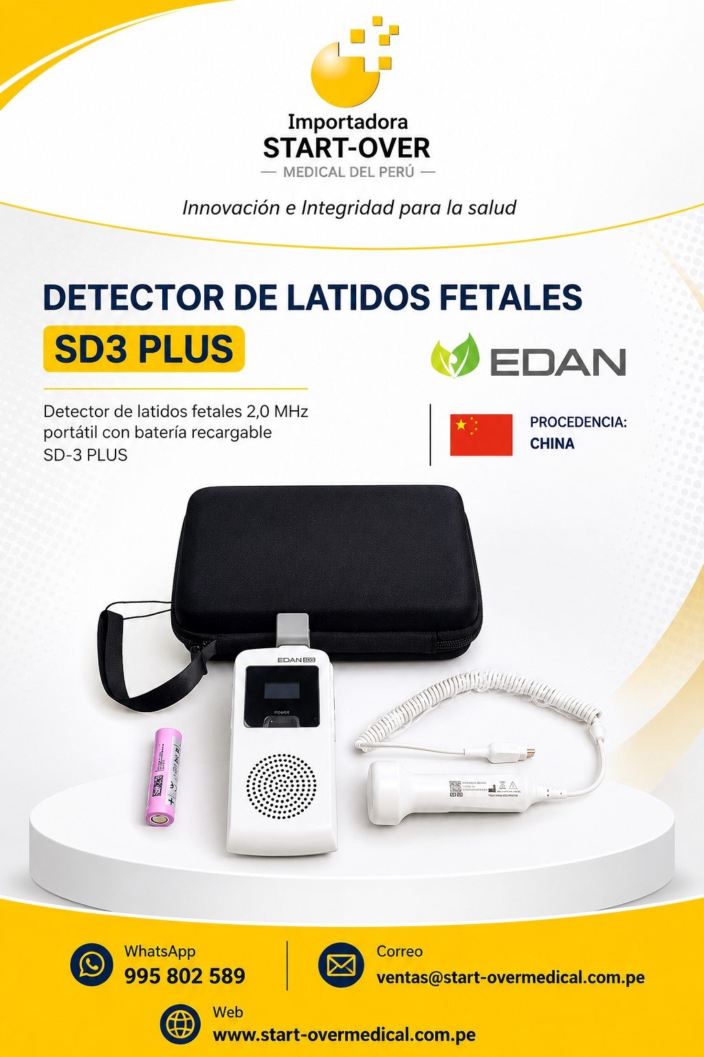 Detector De Latidos Fetales 2,0 MHz Portátil C/Batería Recargable EDAN SD3 Plus