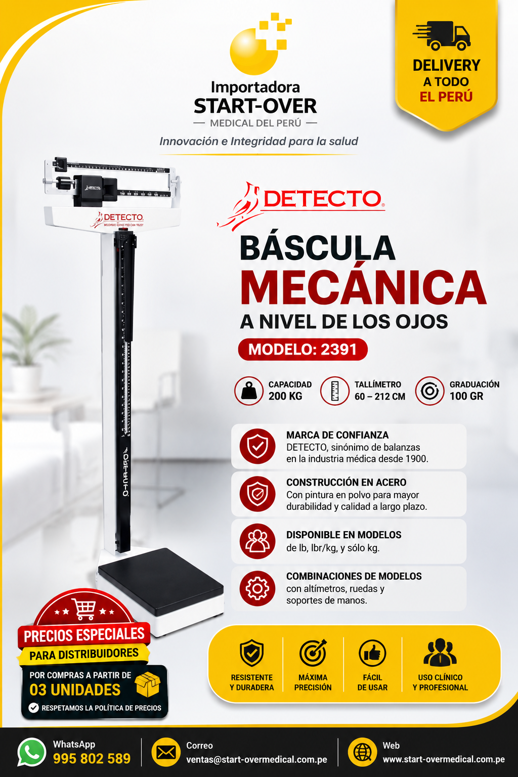 Balanza Mecánica adulto 200 Kg x 100gr con Tallímetro 60-212cm DETECTO 2391